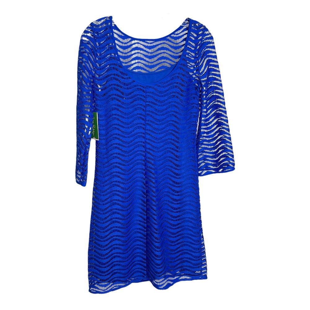 Lilly Pulitzer Topanga Dress Sz XS Sapphire Blue Wavy Knit Lace Long Sleeve $168